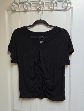 American Eagle Outfitters Women's Black Ruched Cropped Short Sleeve Top XL